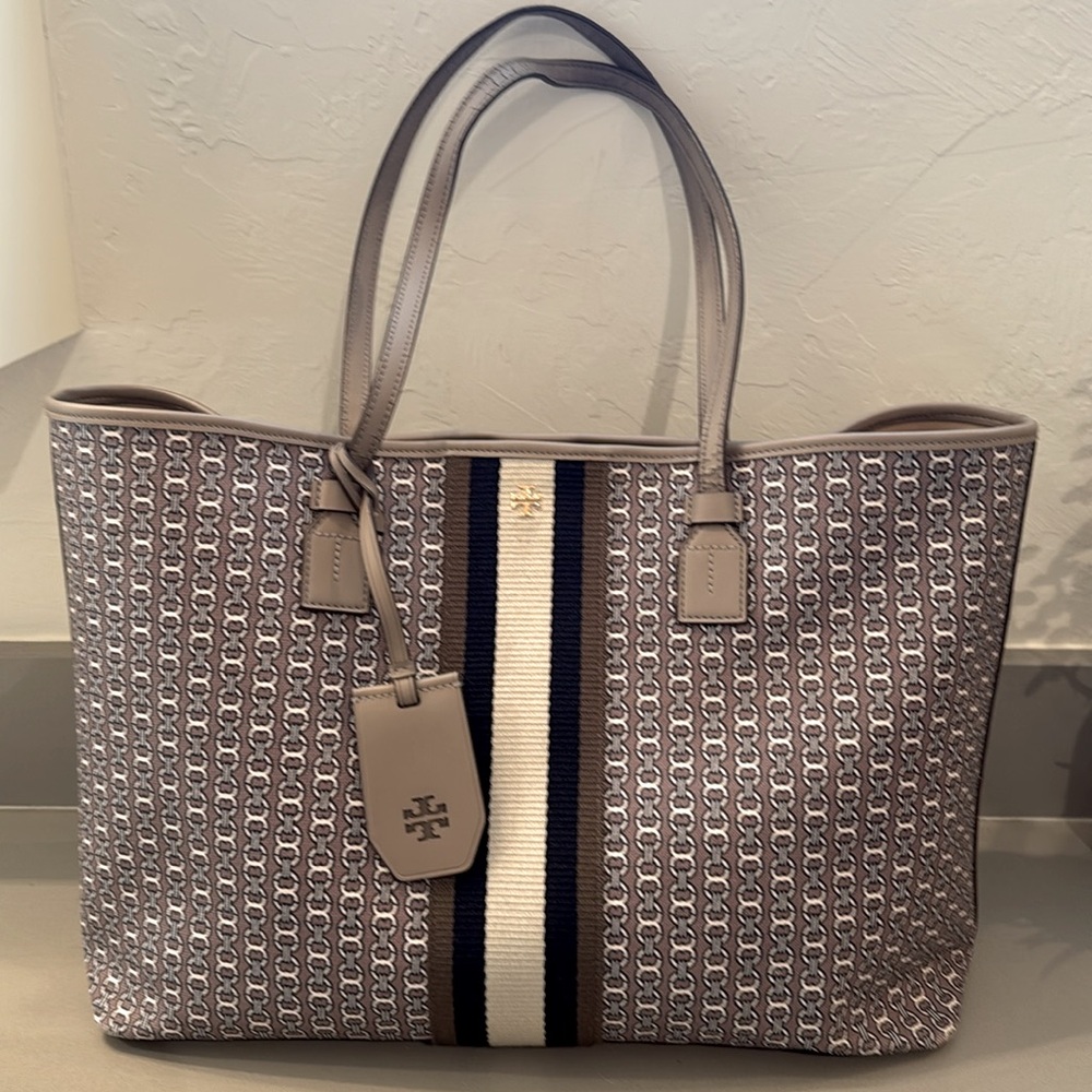 Tory Burch T Monogram Canvas Tote Taupe/Ivory